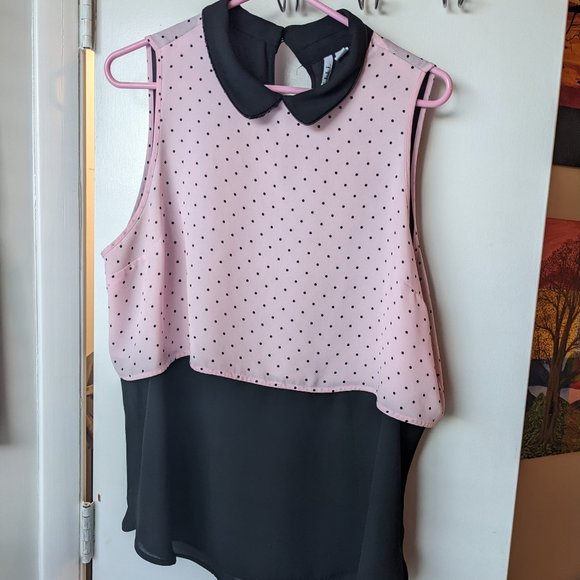 Elle Tops - Elle Pink and Black polka dot Flowy/Sheer Sleeveless Blouse size XL